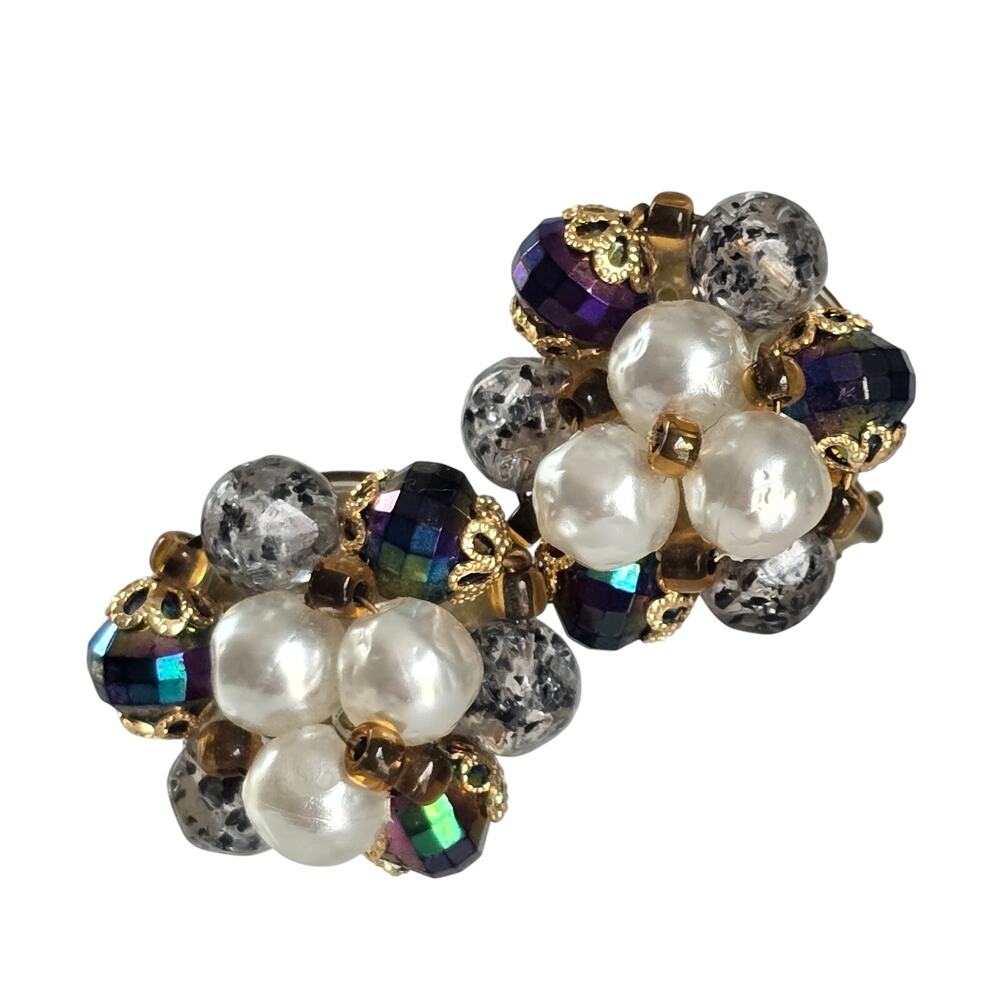 Vintage Clip On Earrings Purple Clear Bead Pearl Cluster Gold Tone West Germany
